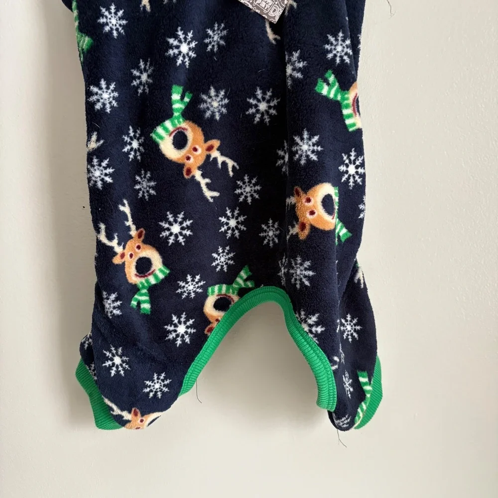 Pet Apparel Christmas Reindeer Snowflake‎ Fleece Dog Pajamas Navy Green Size M